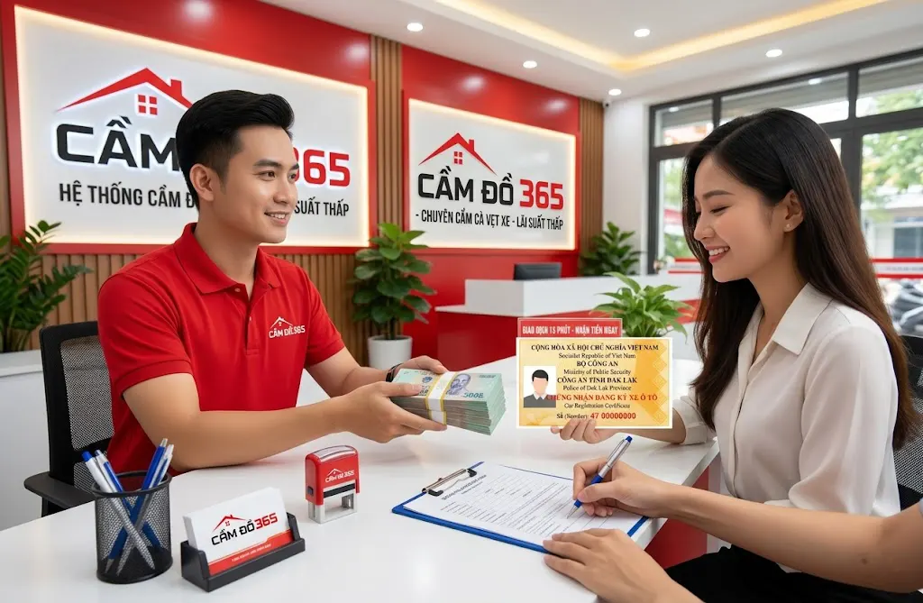 Khách hàng làm thủ tục vay bằng cà vẹt xe nhận tiền mặt nhanh chóng tại Cầm Đồ 365