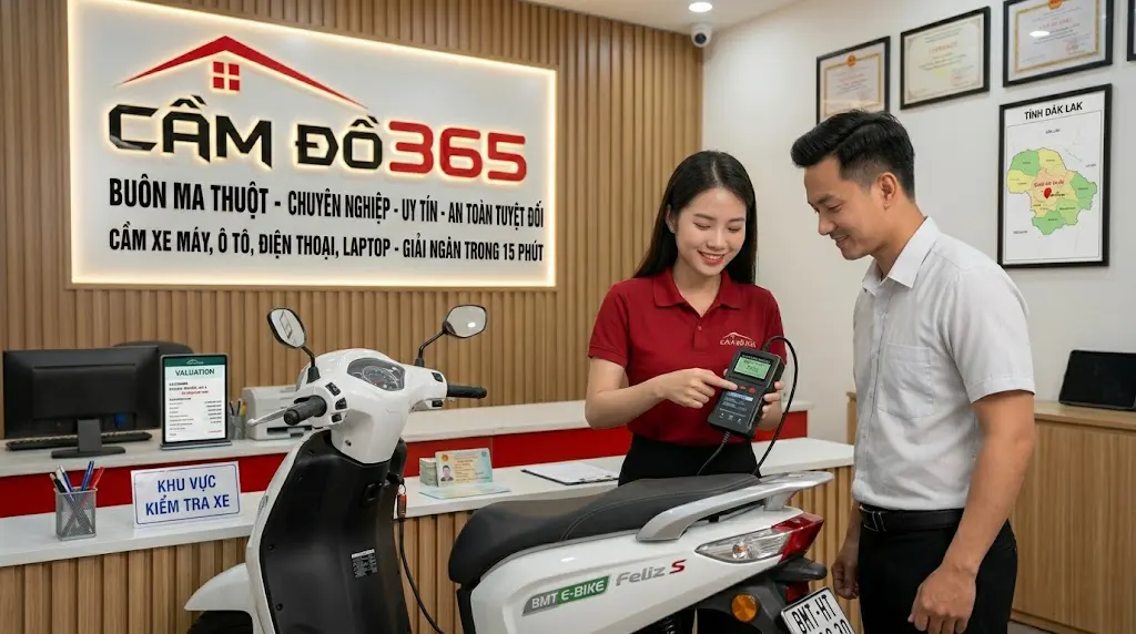 Nhân viên Cầm Đồ 365 kiểm tra tình trạng pin và định giá xe điện BMT cho khách hàng